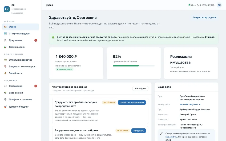 Личный кабинет клиента: статус дела, прогресс по этапам и ближайшие задачи
